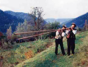 Hutsuls playing trembita