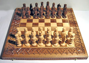 Hutsul chess: combination of nut and maple wood, joinery, turning and carving.