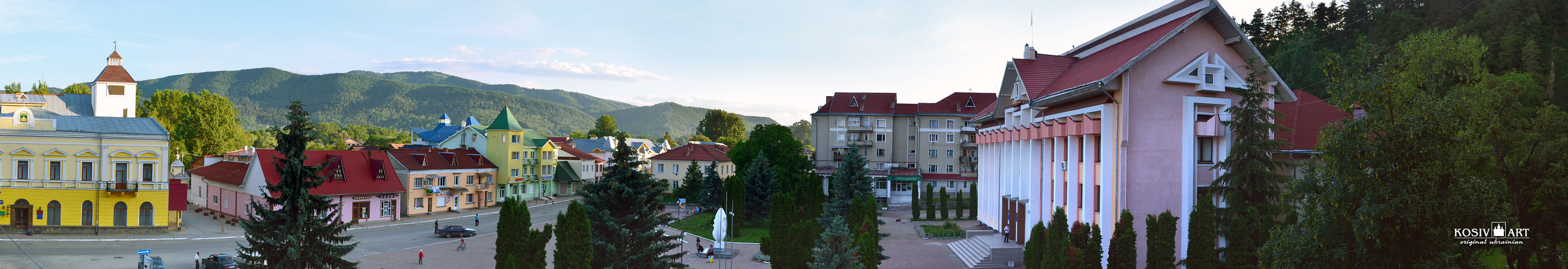 Carpathian mountains view from Kosiv central square